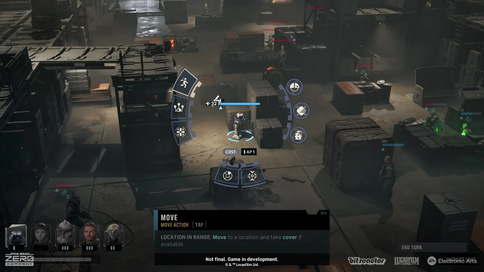Official development screenshot showing the tactical camera, Operator action wheel and Action Point cost